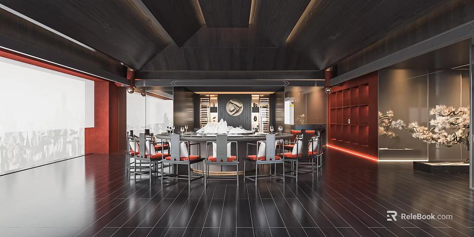 Elegant Modern Private Dining Room Interior With Dark Wooden Ceiling Round Table And Leather Chairs 3d model 