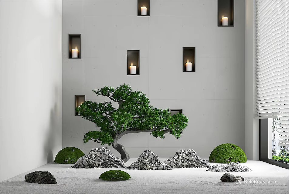 Zen Inspired Garden with White Walls Square Candle Niches Bonsai Tree Stones and Round Greenery 3d model 