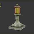 Traditional Stone Lantern With Square Base And Yellow Lattice Glass Panels