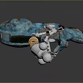 Silver Metallic Robot Riding Blue Vintage Scooter With Orange Headlight And Rustic Accents
