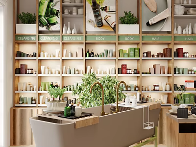 Natural Skincare and Body Products Specialty Store with Shelves Green Plants and Display Counter 3d model