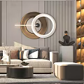 Modern Sofa And Coffee Table Set With Throw Pillows Circular Wall Decor And Pendant Lights 3d model