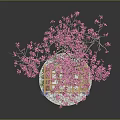 Outdoor Pergola with Pink Flowering Tree Green Plant Wall Sofa Blue Decorations on Stone Pavement
