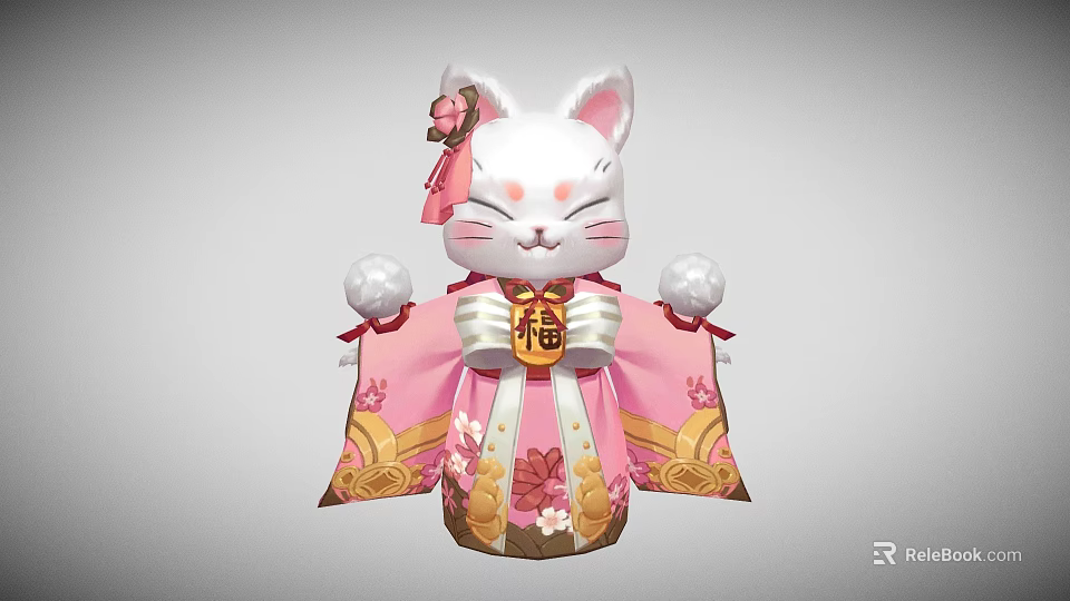 White Maneki Neko Figurine In Pink Kimono With Fortune Character And Floral Patterns 3d model 