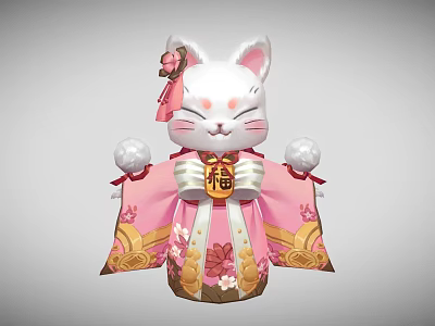 White Maneki Neko Figurine In Pink Kimono With Fortune Character And Floral Patterns 3d model