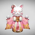 White Maneki Neko Figurine In Pink Kimono With Fortune Character And Floral Patterns