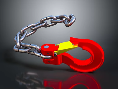 Durable Industrial Hardware Tools with Red Hook and Silver Chain for Lifting Applications 3d model