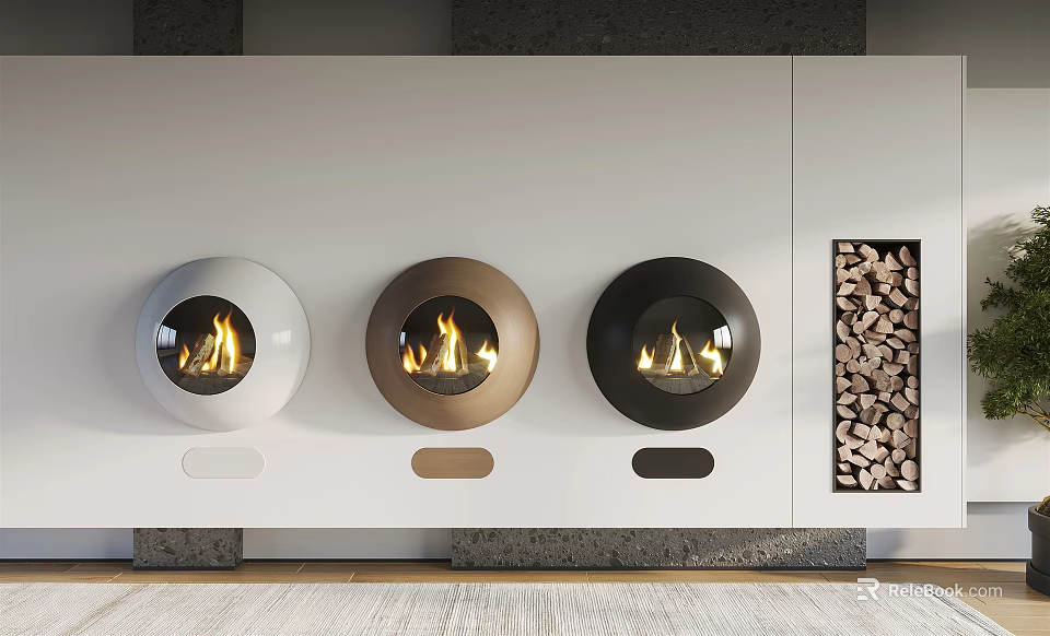 Three Round White Brown Black Fireplaces With Burning Flames And Wood Pile Beside 3d model 