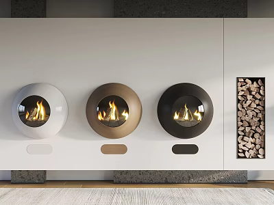 Three Round White Brown Black Fireplaces With Burning Flames And Wood Pile Beside 3d model