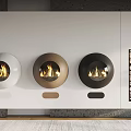 Three Round White Brown Black Fireplaces With Burning Flames And Wood Pile Beside
