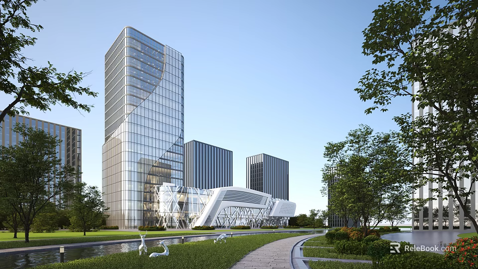 Modern Glass Office Building Exterior Architecture With Green Trees Lawn And Pathway 3d model 