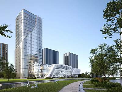 Modern Glass Office Building Exterior Architecture With Green Trees Lawn And Pathway 3d model