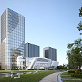 Modern Glass Office Building Exterior Architecture With Green Trees Lawn And Pathway