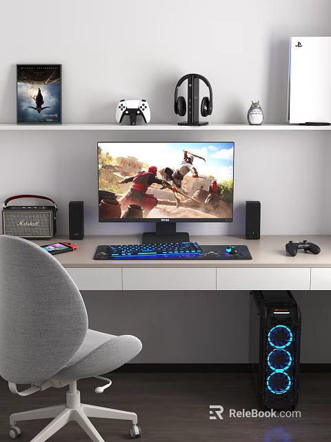 Gaming Study Room Setup With Computer Monitor Illuminated Keyboard Game Controller And PC Case 3d model 
