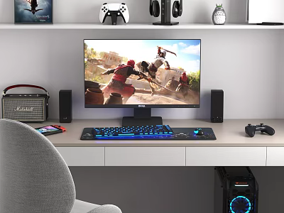 Gaming Study Room Setup With Computer Monitor Illuminated Keyboard Game Controller And PC Case 3d model