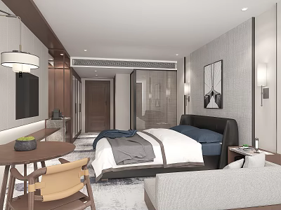 Modern Hotel Guest Room With King Bed Sofa TV Decorative Painting And Area Rug 3d model