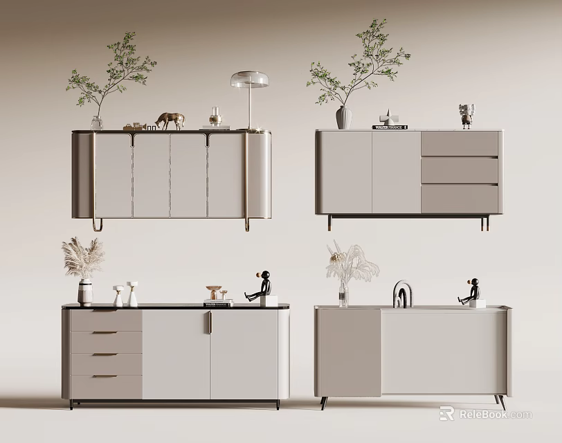 Modern Console and Side Cabinets With Decorative Plants and Ornaments 3d model