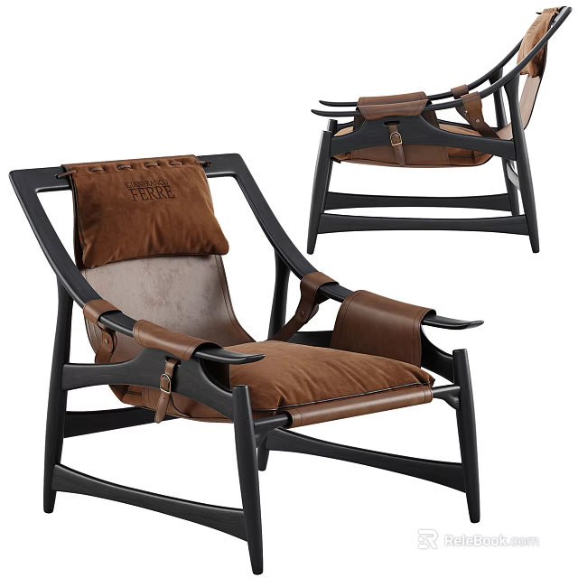 Modern Armchair With Black Wooden Frame And Brown Suede Cushion 3d model 
