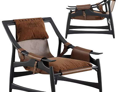 Modern Armchair With Black Wooden Frame And Brown Suede Cushion 3d model