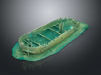 Ancient Shipwreck Model With Clear Hull Structure Green Base And Rusted Texture 3d model