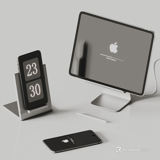 Apple MacBook On Stand With Digital Clock Mobile Phone And Stylus Pen 3d model 