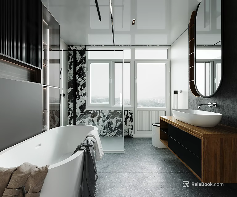 Sleek Modern Bathroom With Freestanding Bathtub Marble Accent Wall And Wooden Vanity Design 3d model 