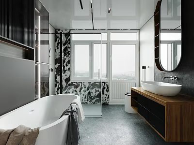 Sleek Modern Bathroom With Freestanding Bathtub Marble Accent Wall And Wooden Vanity Design 3d model