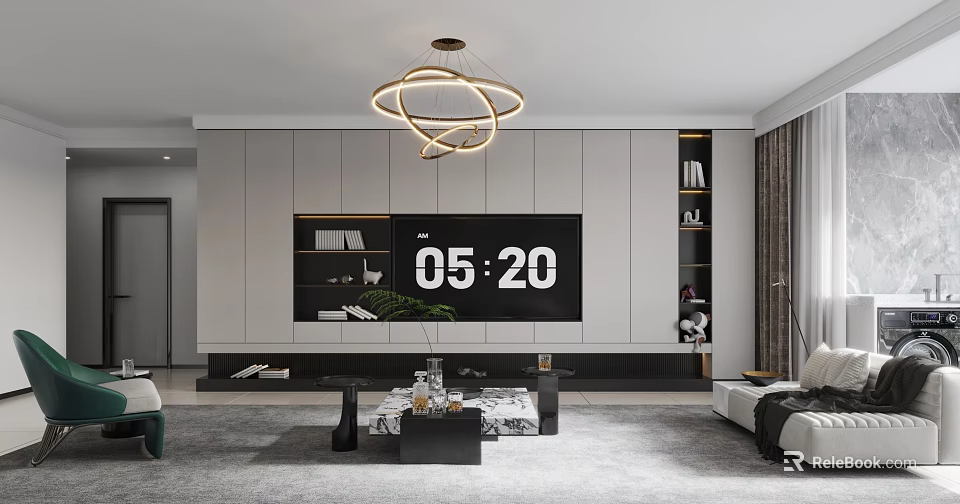 Modern Living Room TV Wall Design With White Black Panels Built in TV And Shelves 3d model 
