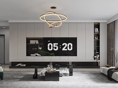 Modern Living Room TV Wall Design With White Black Panels Built in TV And Shelves 3d model