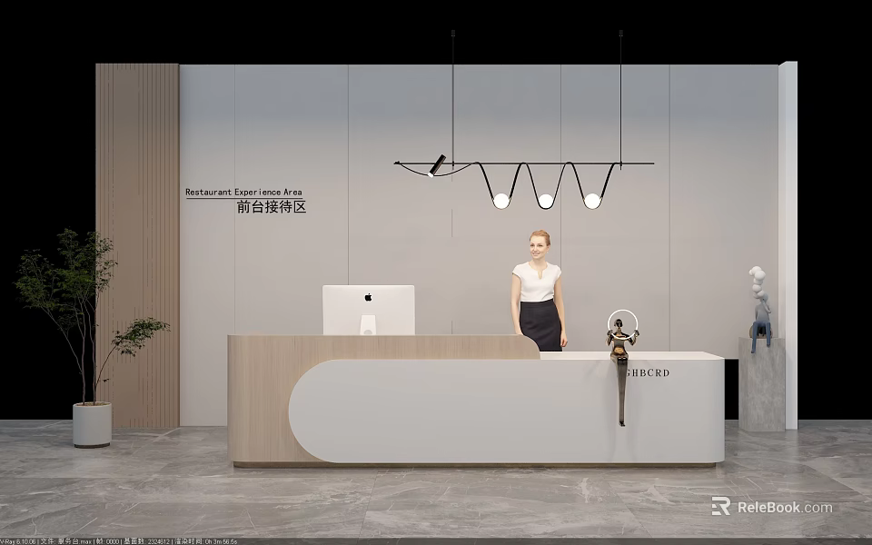 Modern Reception Interior Design With Receptionist Apple Computer And Pendant Lights 3d model 