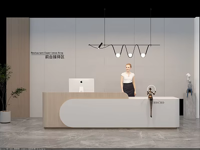 Modern Reception Interior Design With Receptionist Apple Computer And Pendant Lights 3d model