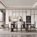 Modern Restaurant Open Kitchen Design With Dining Table Chairs And Pendant Lights 3d model