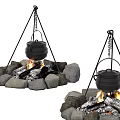 Garden Ornament Fire Pit With Tripod Hanging Pot Stone Border And Burning Wood