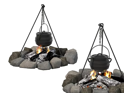 Garden Ornament Fire Pit With Tripod Hanging Pot Stone Border And Burning Wood 3d model