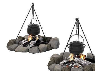 Outdoor Enclosing Stove for Tea and Firewood Pile 3d model