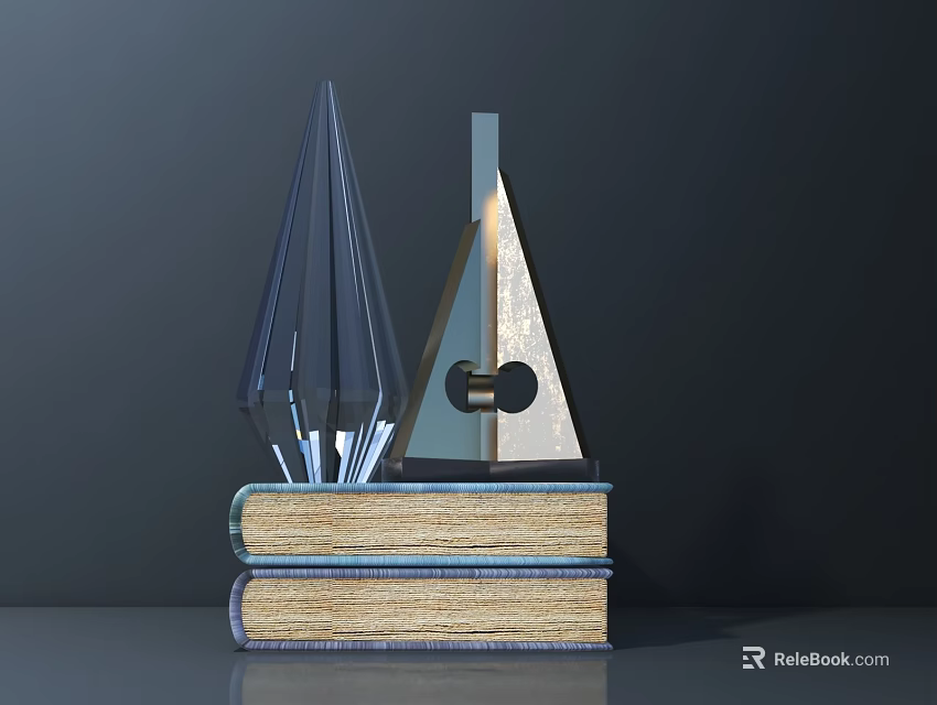 Decorative Ornament Set with Stacked Books Transparent Cone and Triangular Metal Decor 3d model 