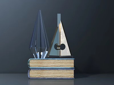Decorative Ornament Set with Stacked Books Transparent Cone and Triangular Metal Decor 3d model
