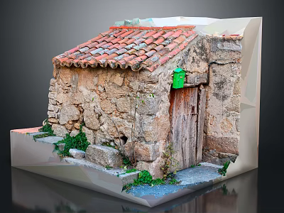 Miniature Stone House Model Featuring Red Tiled Roof Wooden Door Green Mailbox And Plants 3d model