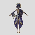 Anime Style Fantasy RPG Game Character With Purple Long Hair Golden Headdress And Blue Outfit