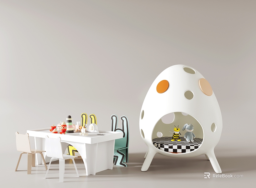 Colorful Kids Table and Chair Set with Egg Shaped Playhouse Checkered Base and Tabletop Toys 3d model 