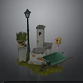 Outdoor Garden Decorative Elements With Street Lamp Flower Pot Fountain Birdhouse And Wheelbarrow