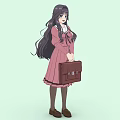 Anime Woman With Long Hair In Pink Dress Holding Brown Suitcase Light Green Background