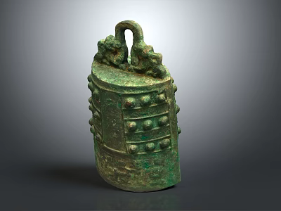 Ancient Bronze Bell Musical Instrument With Two Animal Shaped Decorations And Protruding Dot Patterns 3d model