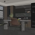 Modern Restaurant Open Kitchen Space With Dining Table Chairs And Modern Cabinets 3d model