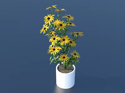 Beautiful Yellow Flowering Potted Plant with Green Leaves in White Pot 3d model