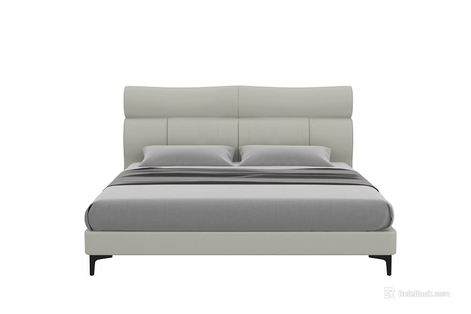 Contemporary Double Bed With Beige Upholstered Headboard Gray Mattress And Black Legs 3d model 