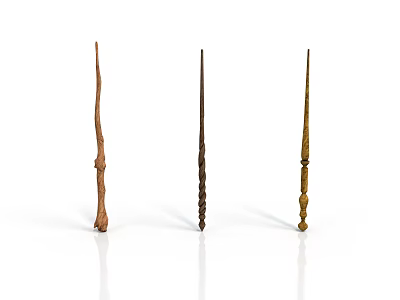Three Handcrafted Wooden Magic Wands With Intricate Carvings And Unique Designs 3d model