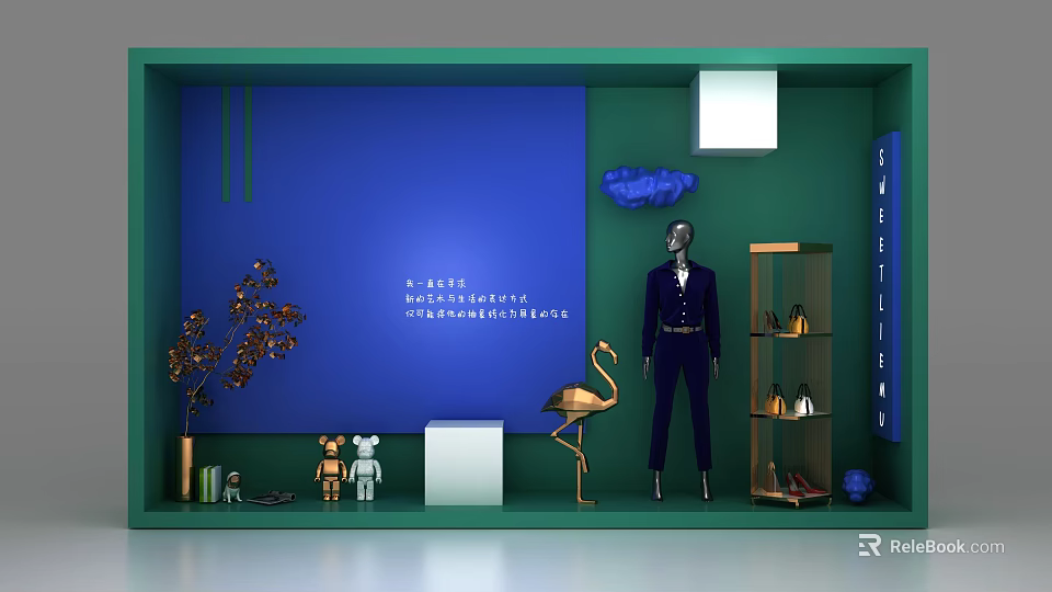 Green And Blue Shop Window With Mannequin In Suit Flamingo Decoration Plants And Shoe 3d model 