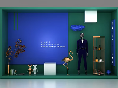 Green And Blue Shop Window With Mannequin In Suit Flamingo Decoration Plants And Shoe 3d model