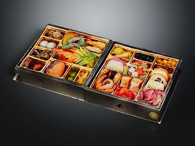 Colorful Japanese Bento Box with Assorted Fresh Seafood Vegetables and Rice 3d model